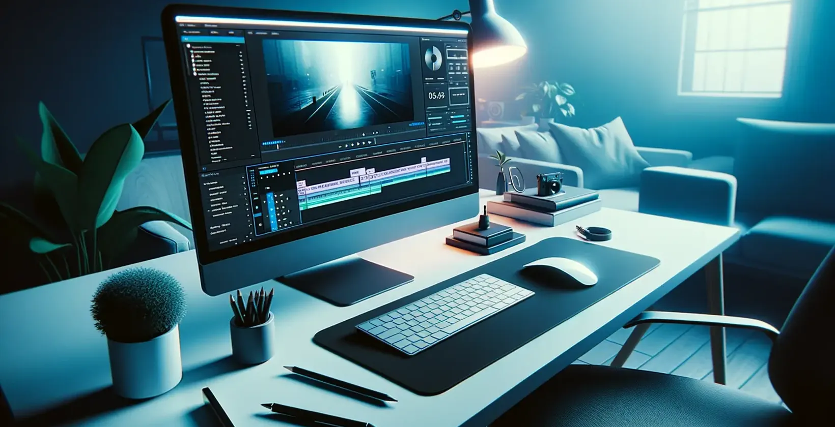 Menambah teks pada video dengan Adobe After Effects digambarkan oleh ruang kerja pengeditan yang anggun dengan cahaya biru
