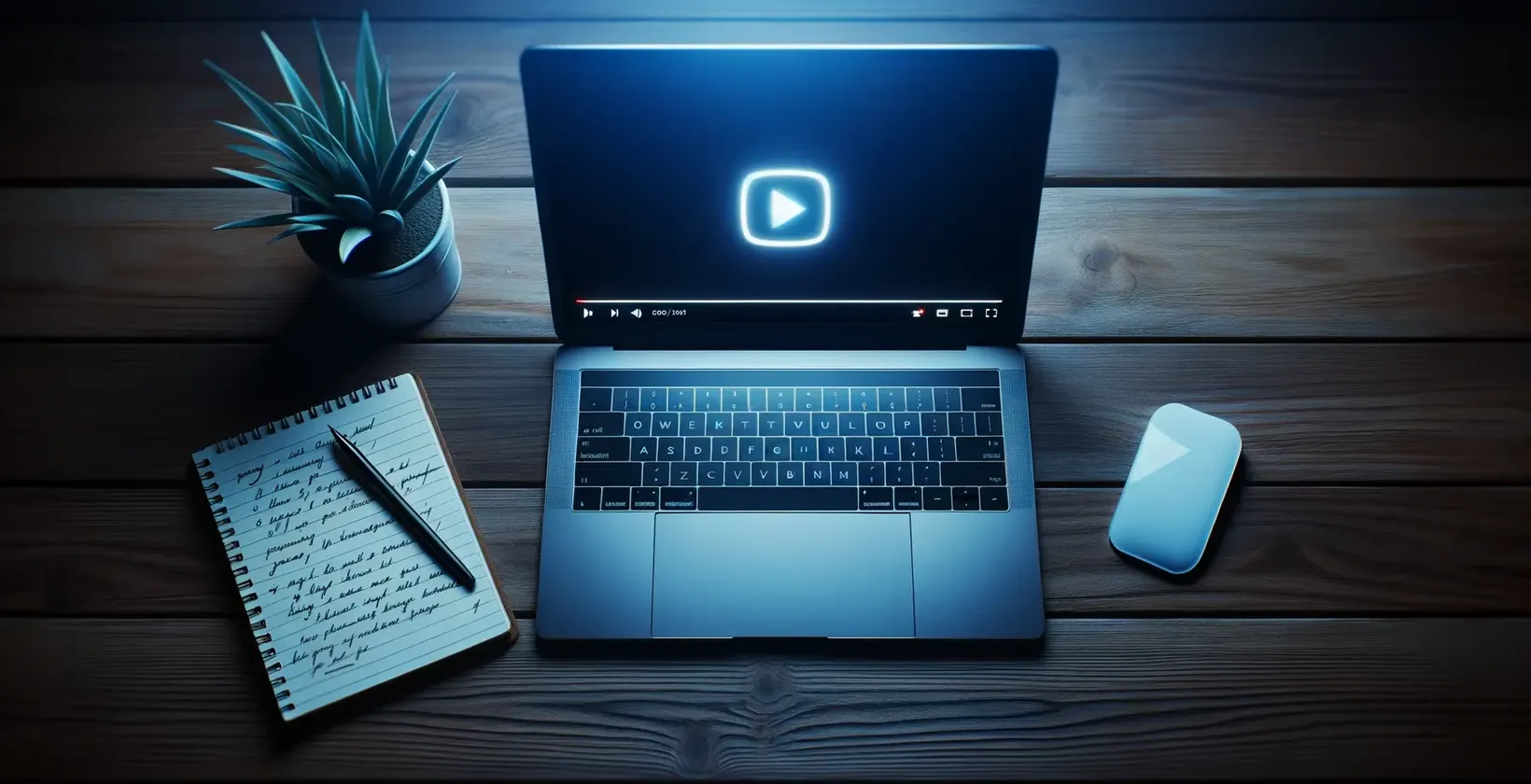 إضافة نص إلى الفيديو باستخدام مشهد KineMaster يظهر جهاز كمبيوتر محمول مع أيقونة تشغيل على دفتر الملاحظات
