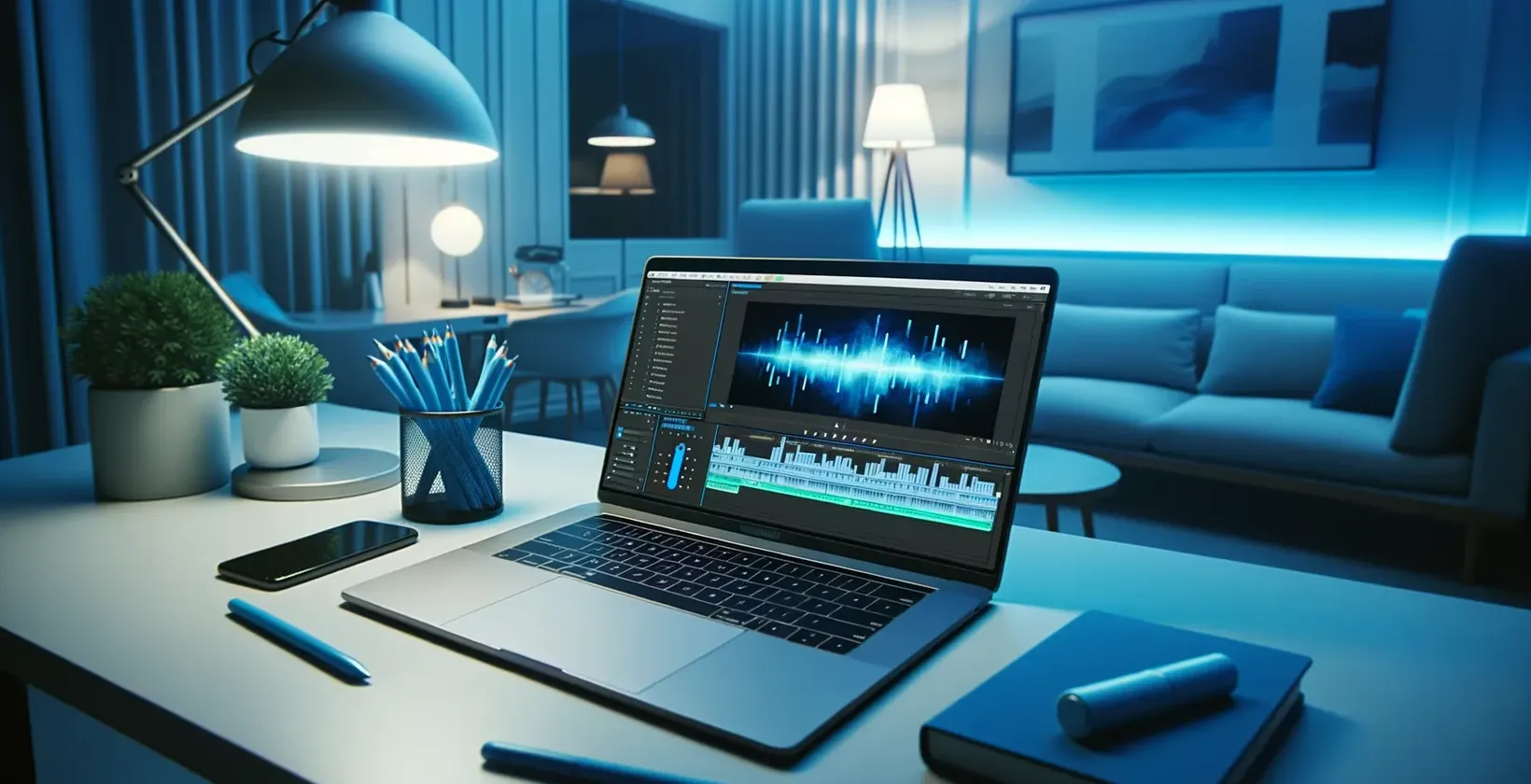 흰색 테이블, 램프, 전화기, 문구류에 오디오 파형을 보여주는 노트북이 있는 최고의 음성-텍스트 소프트웨어 작업 공간