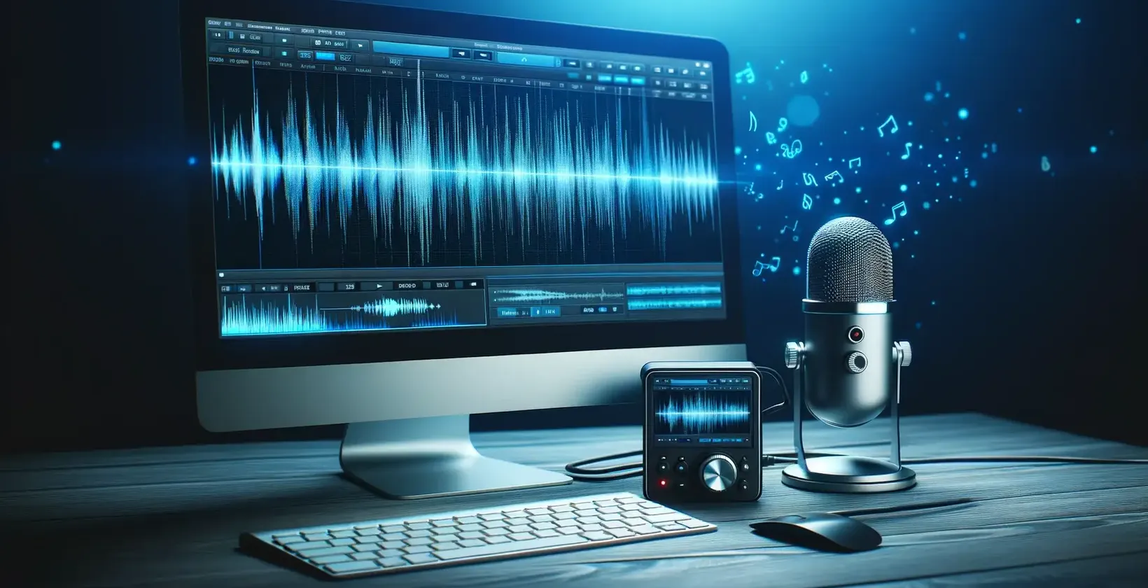 Metne AU, ses kayıtlarını simgeleyen yüzen müzik notaları ile belirgin bir mikrofonla gösterilmiştir
