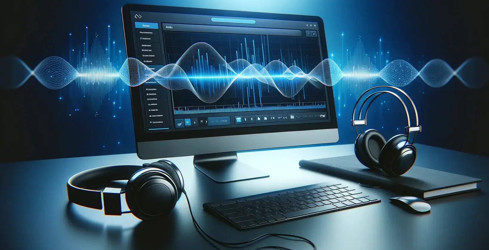 FLAC to text emphasized by an audio workstation with a pulsating waveform visual on the screen and a set of headphones.