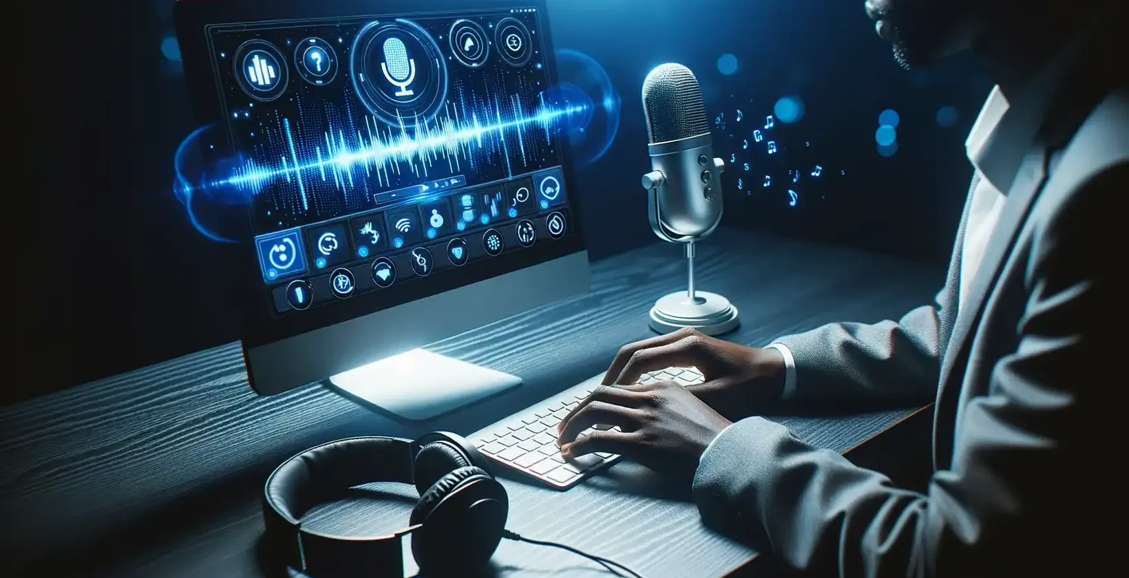Homem usando uma interface de áudio sofisticada em um computador, enfatizando a transcrição do formato M4V.