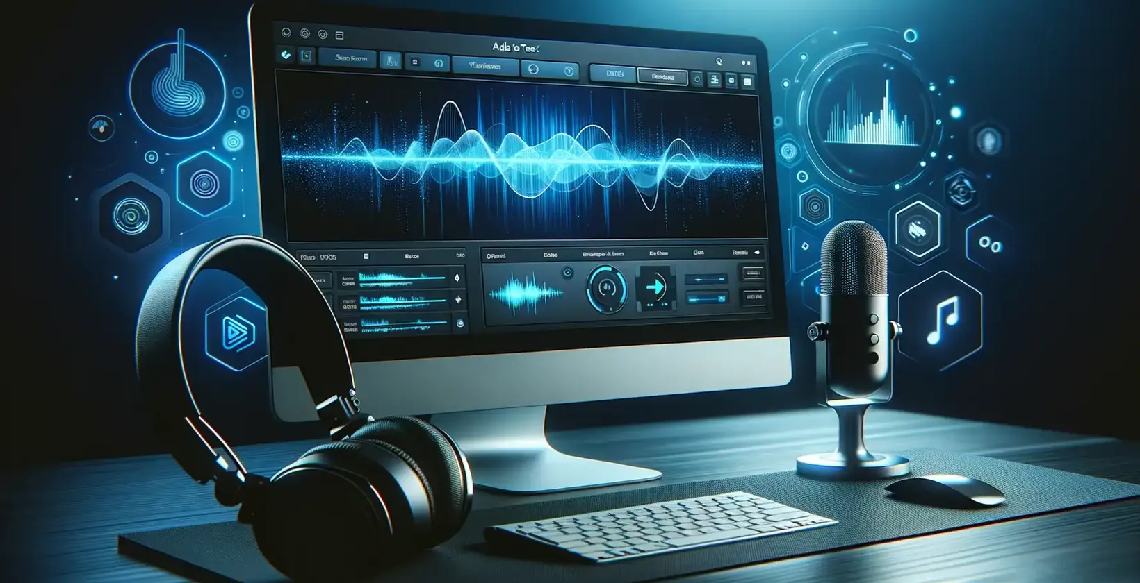 Una moderna workstation audio è dotata di un monitor che visualizza intricate forme d'onda sonore e controlli di editing.