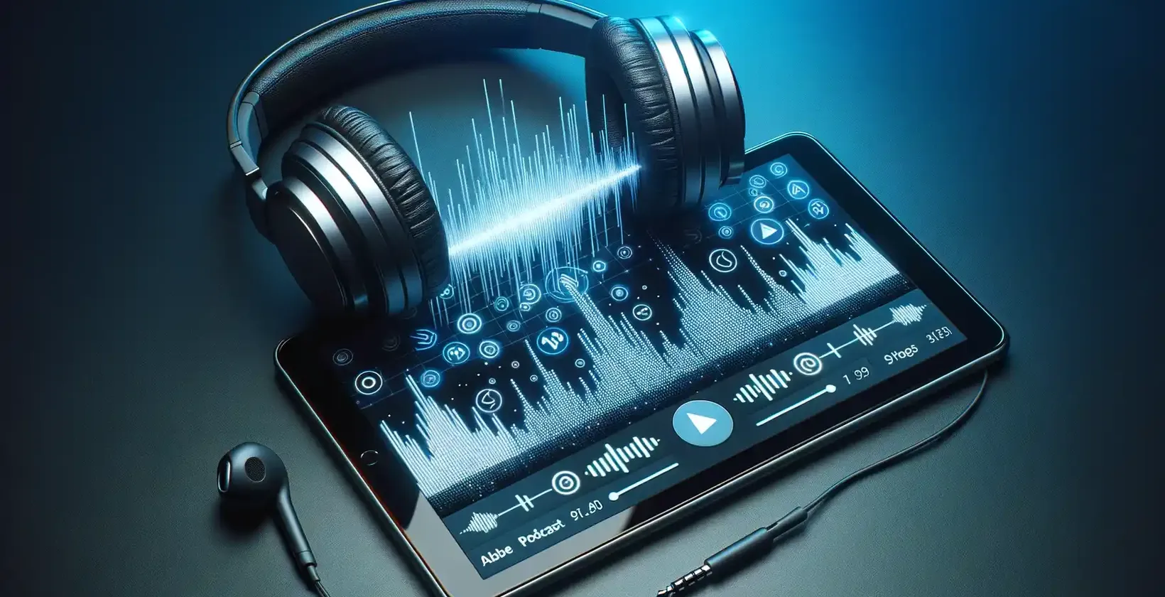 The tablet screen vibrantly shows sound waves, digital buttons, and settings against a deep blue backdrop