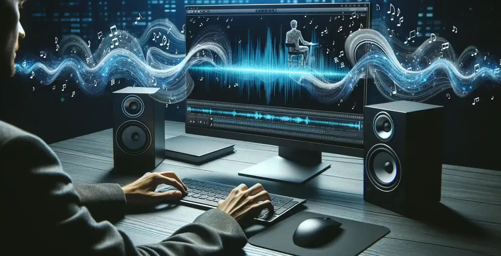 A modern workspace illuminated by a digital interface, showcasing a man engrossed in audio editing.