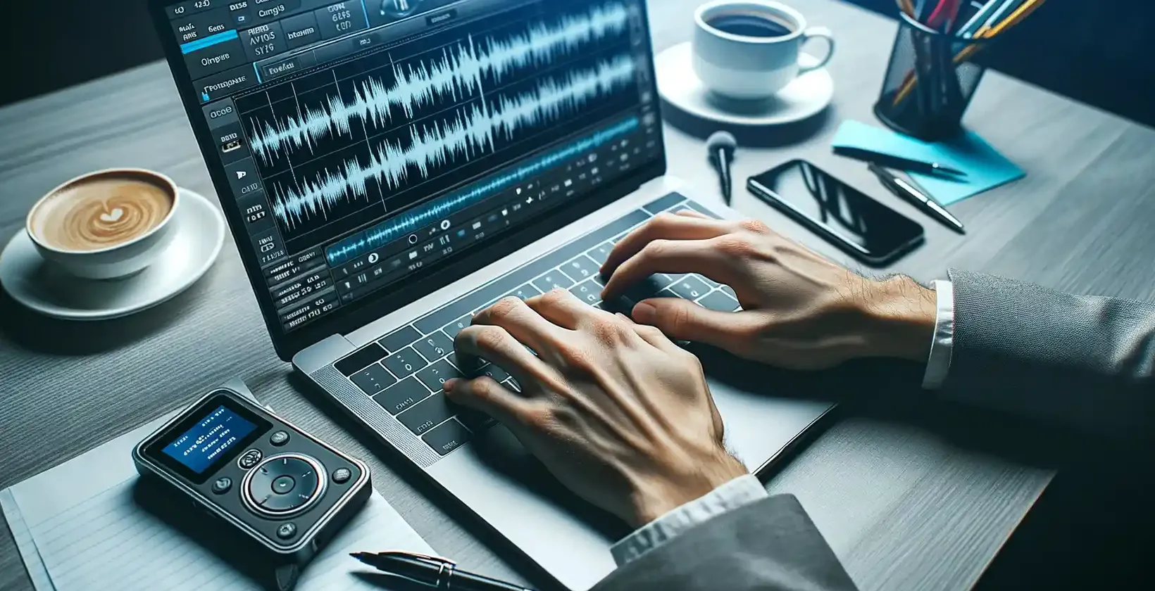 Setarea OPUS-to-text arată un birou cu un laptop, un cappuccino și un înregistrator digital de voce care afișează tipul de fișier OPUS
