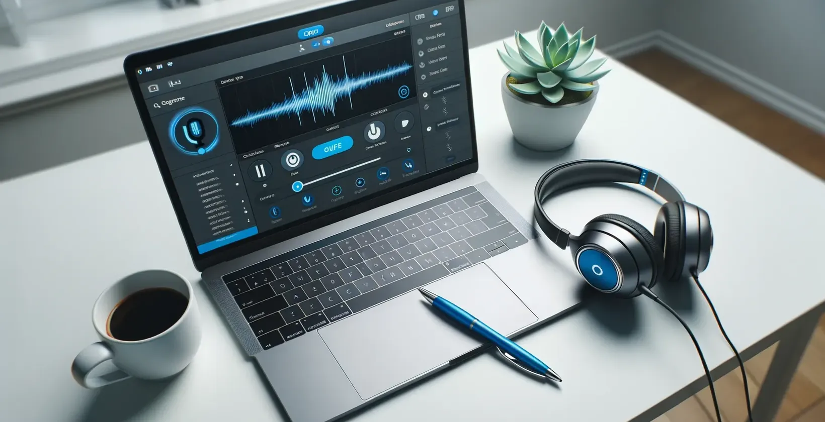 Workspace features MacBook with audio waveform, editing software, and quality headphones.