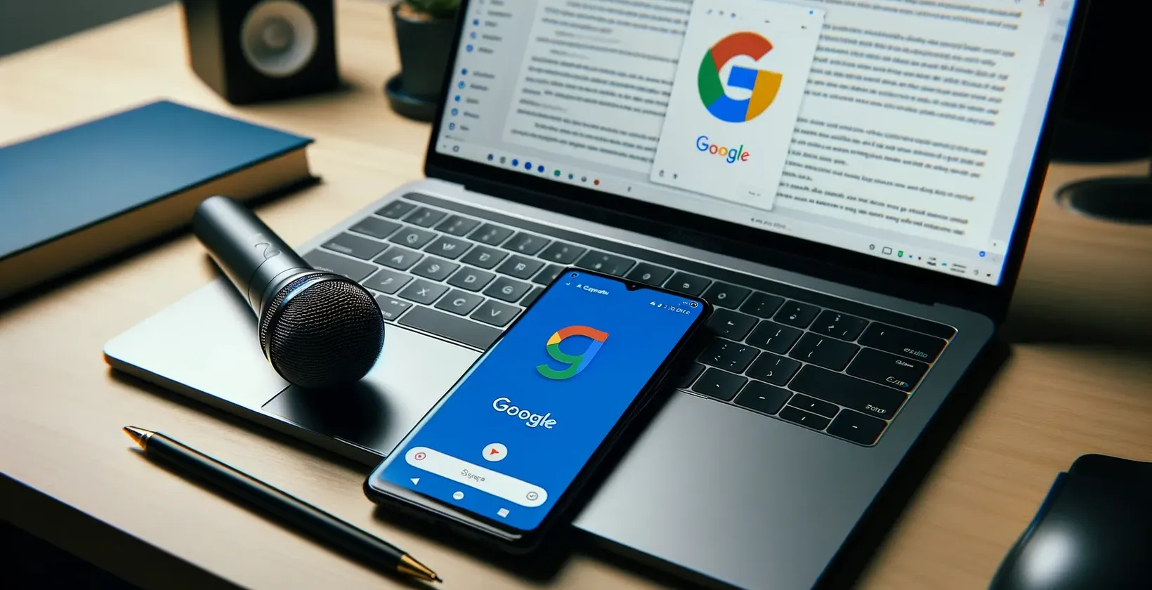 Ruang kerja terfokus Google dengan laptop yang menunjukkan dokumen, smartphone dengan logo, mikrofon pada panel sentuh, dan pena notebook.