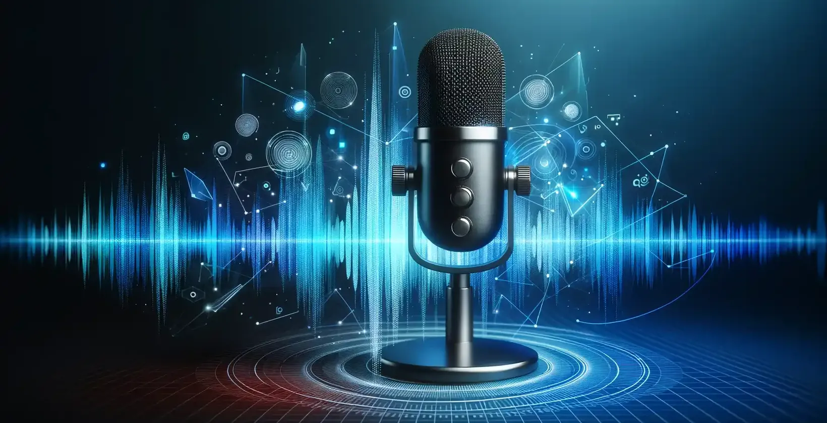 Voz para texto em Telegram, um microfone centrado numa cena digital com ondas radiantes, formas e símbolos tecnológicos em redor.