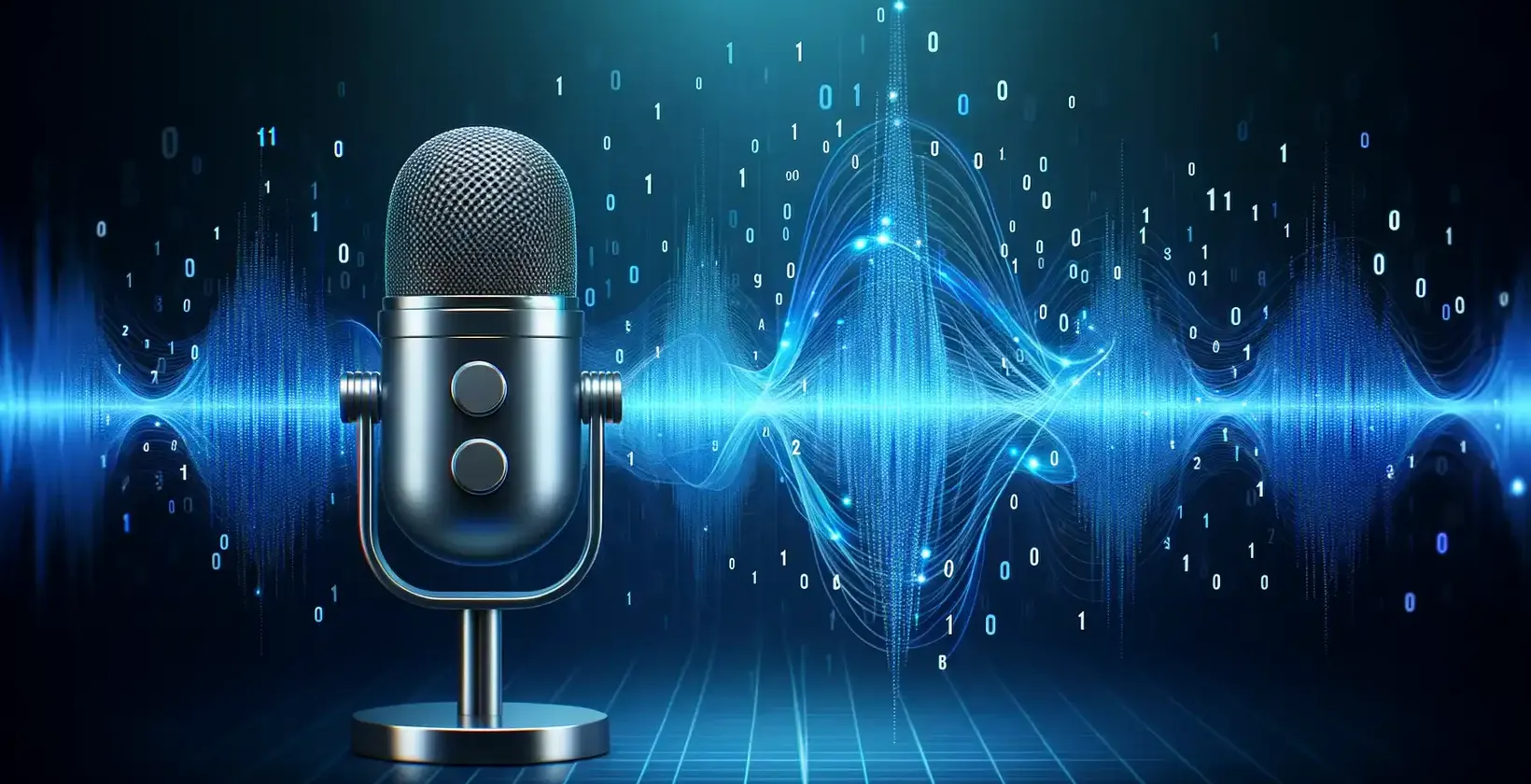 Mikrofon auf blauem Hintergrund mit Schallwellen, ermöglicht Voice-to-Text auf Outlook