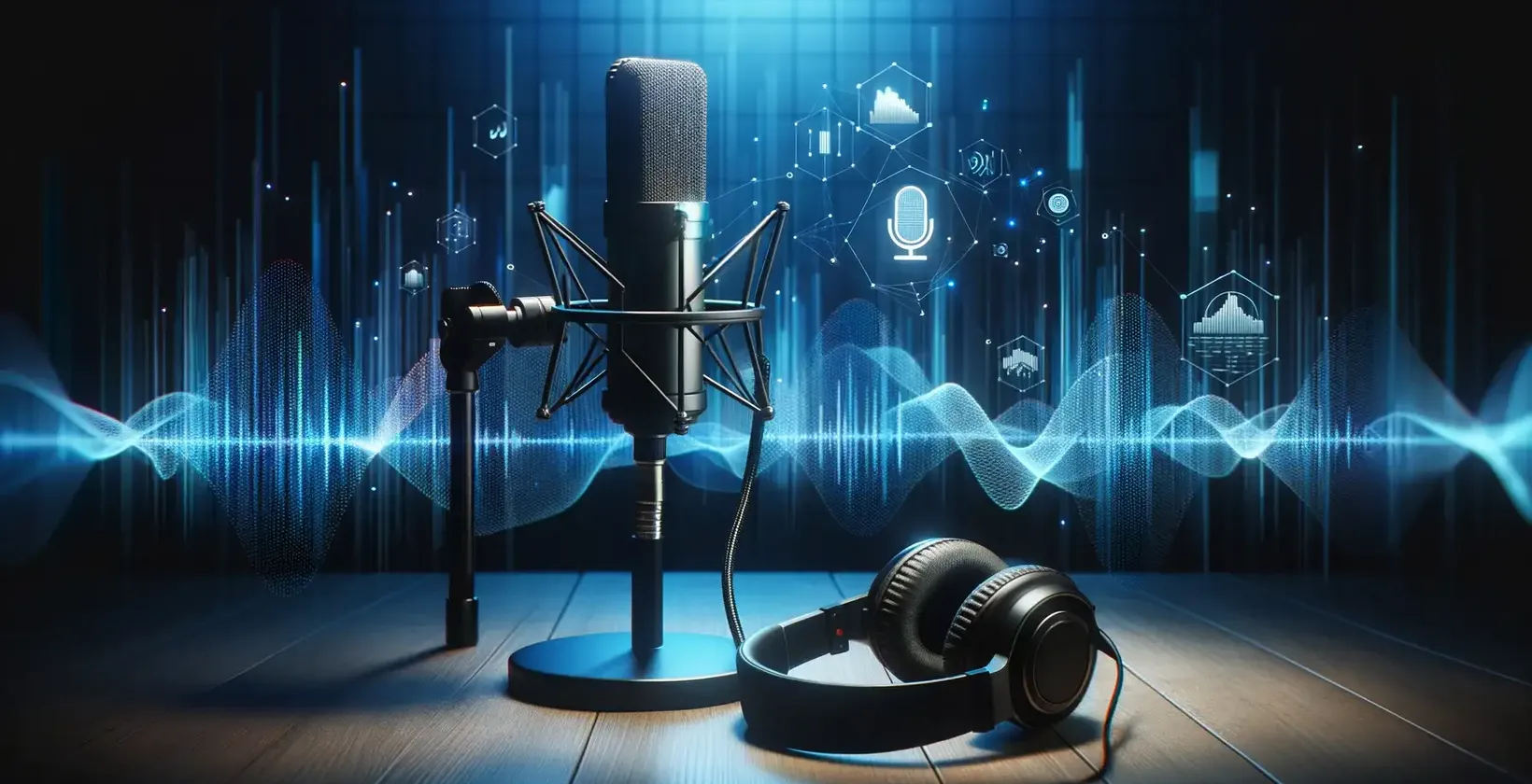 Mikrofons un austiņas uz koka galda, ko izmanto balss teksta pārsūtīšanai Salesforce sistēmā