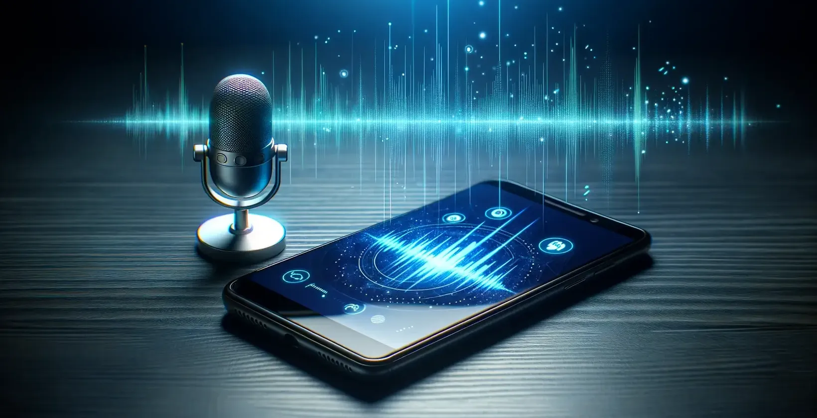 Moderný mikrofón stojí vedľa smartfónu a zobrazuje živú grafiku zvukových vĺn.