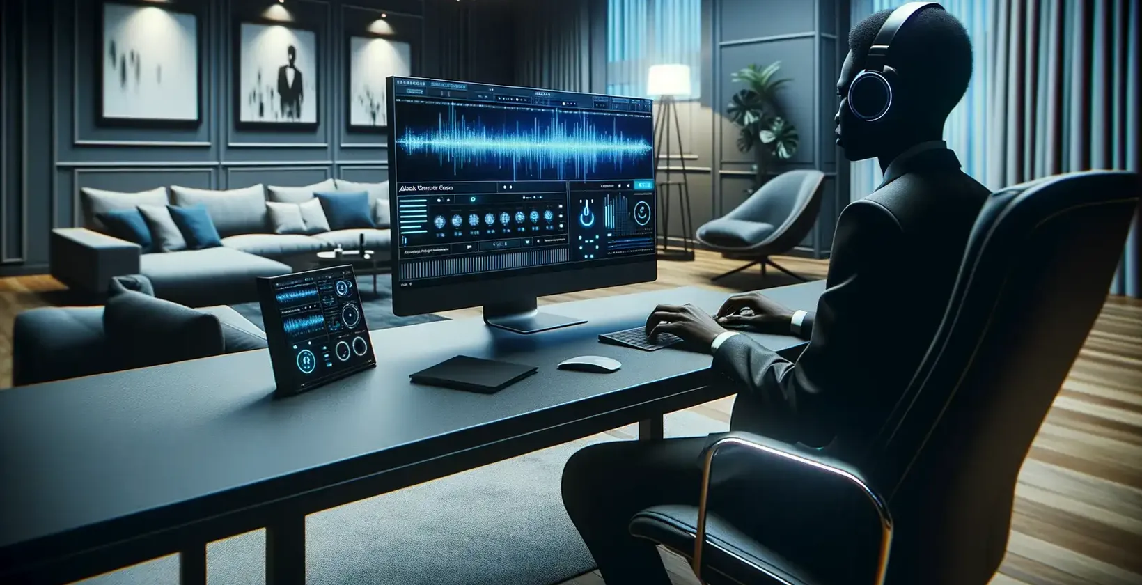 Sofistikovaná miestnosť s postavou so slúchadlami, ktorá sústredene pracuje na počítači, ktorý zobrazuje zložitý zvukový