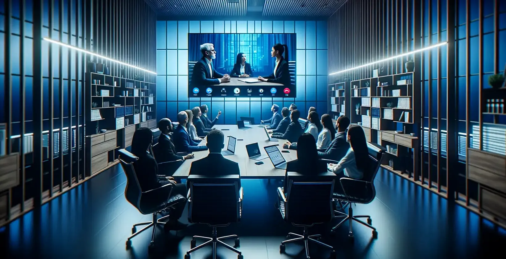 观察会议记录，专业人员在蓝色灯光的房间里观看三人视频通话。