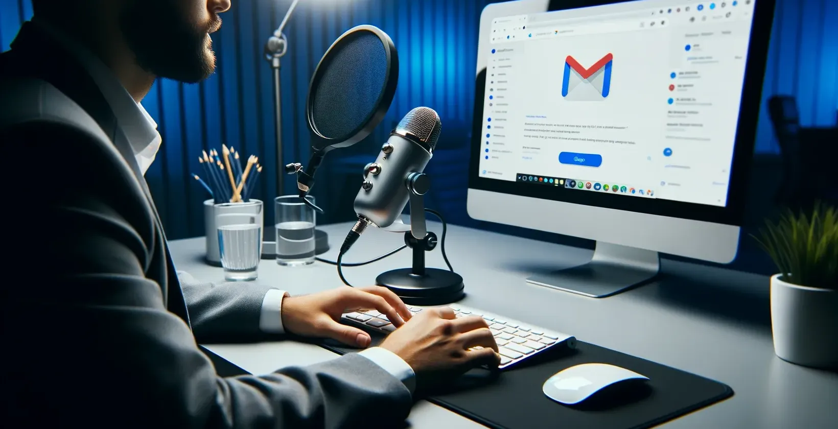 Пред микрофона на компютъра има мъж, който се подготвя да диктува имейл с отворен на екрана Gmail