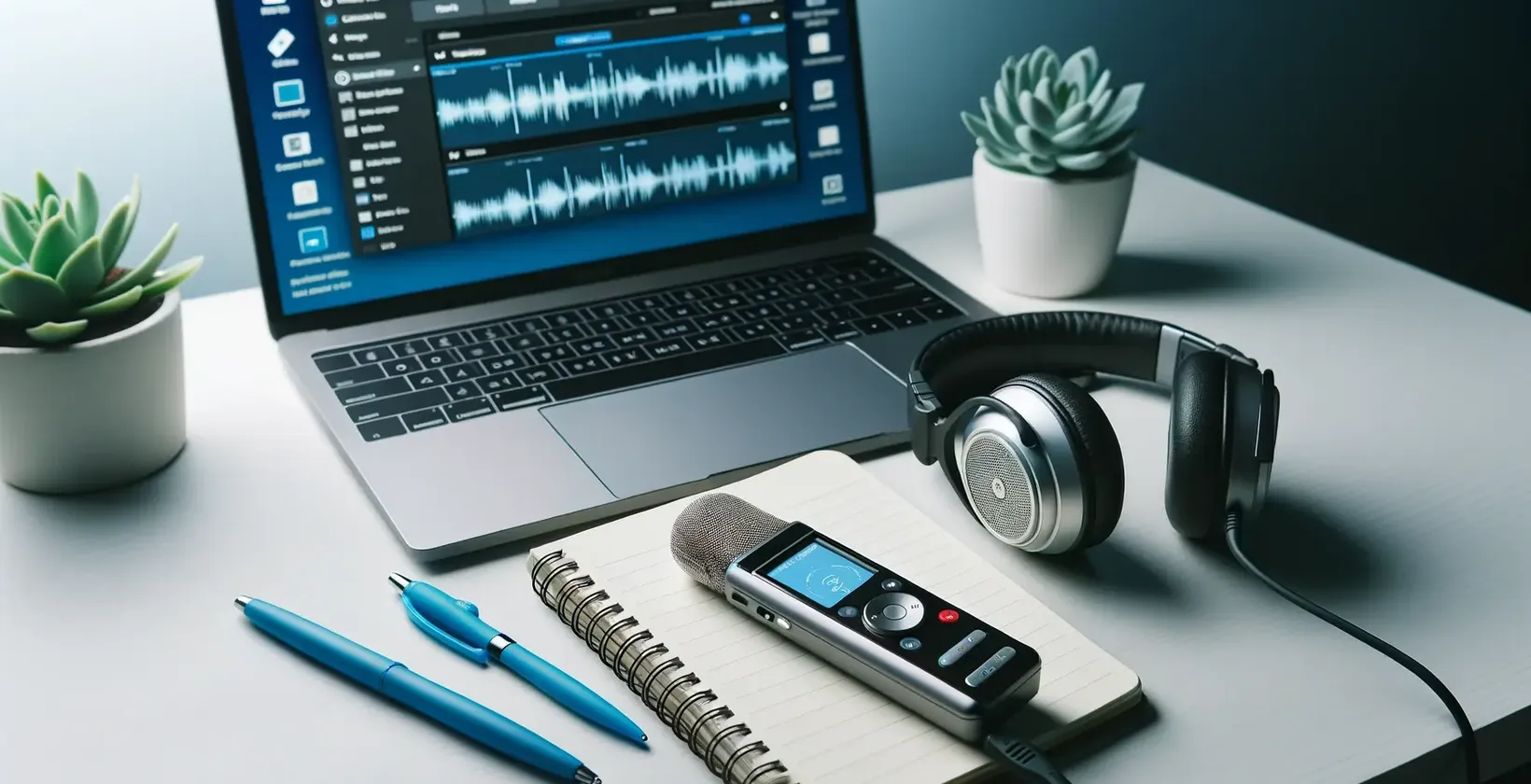 Ruang kerja dengan laptop yang menunjukkan bentuk gelombang audio, menyarankan tugas suara.