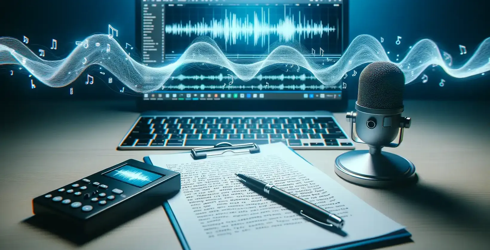 Meja dengan peralatan perekaman audio, mikrofon, buku catatan, dan pena, ideal untuk keperluan pendiktean teks