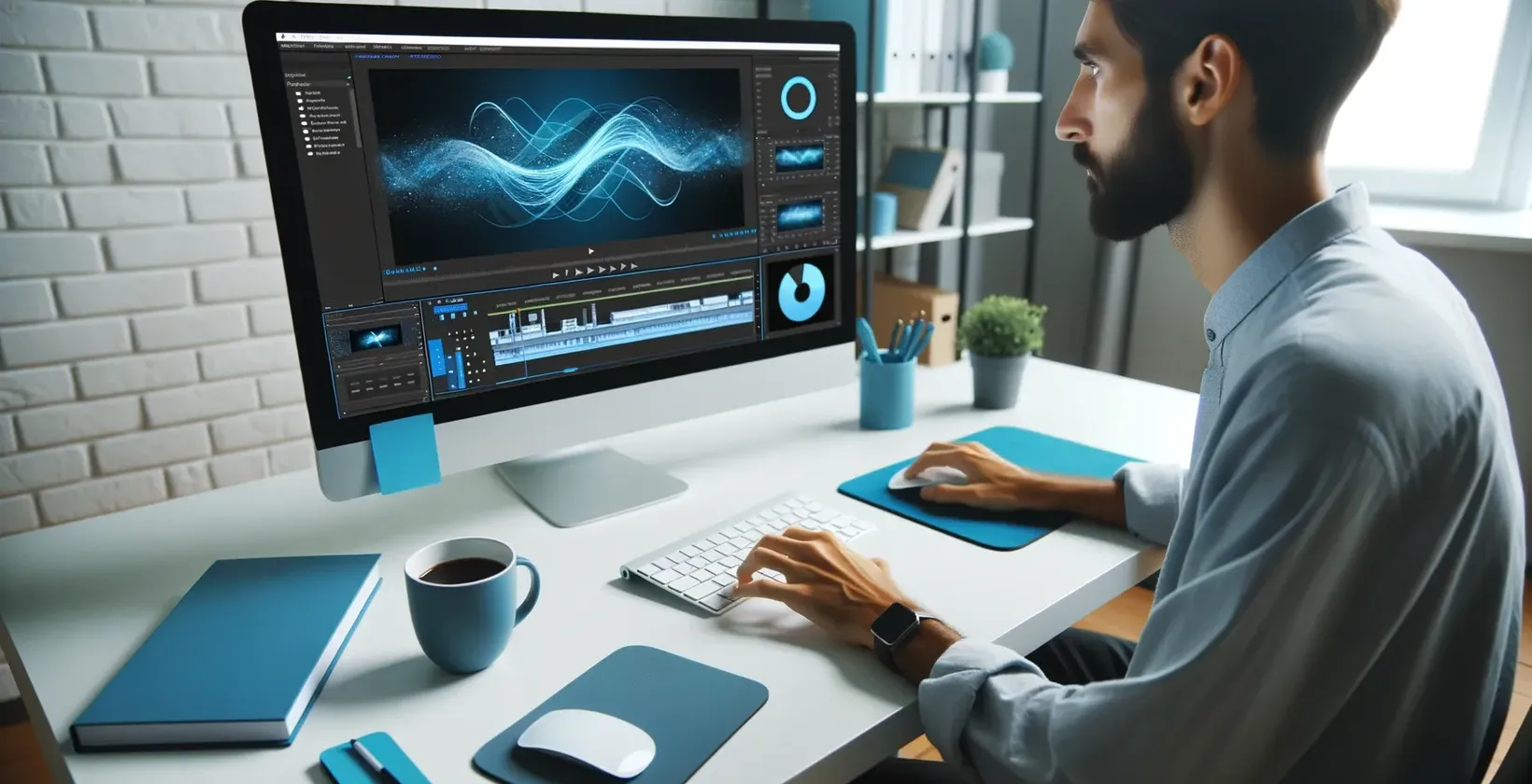 Lelaki menaip pada komputer dengan skrin biru, menggunakan sari kata iMovie