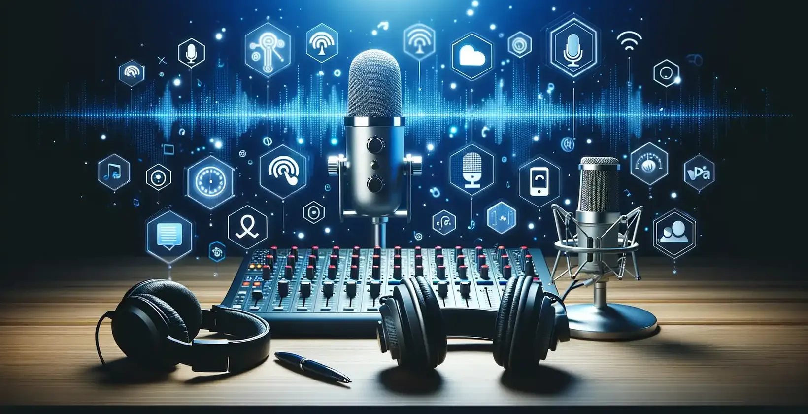 Podcasti seadistus koos mikrofoni, kõrvaklappide ja arvutiga Spotify podcasti transkriptsioonide jaoks