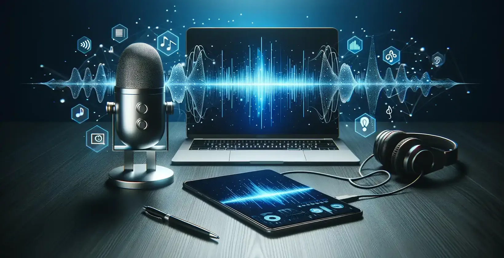 Apple podcasts και εργαλεία μεταγραφής με φορητό υπολογιστή, ακουστικά και μικρόφωνο σε ξύλινο τραπέζι