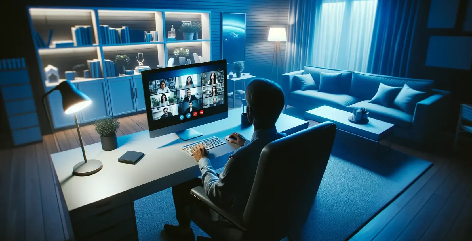 डेस्क पर औपचारिक सेटिंग में आदमी, दृश्य प्रतिलेखन के साथ Google Hangouts में लगा हुआ है।