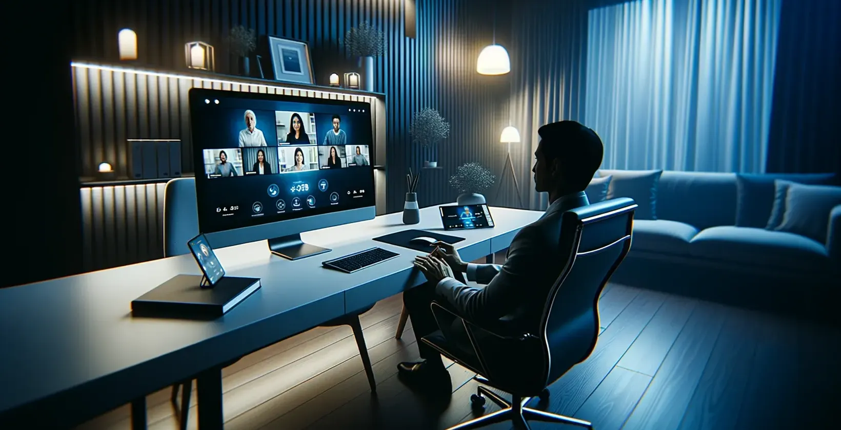 Osoba w stroju formalnym przy biurku, patrząca na Google Meet transkrypcję spotkań na ekranie.