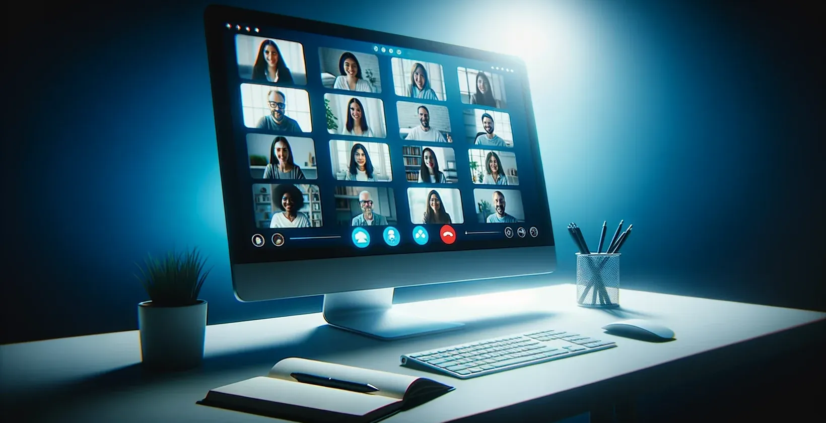 电脑屏幕上显示GoToMeeting会议的图像，可以看到一群人和现场转录。