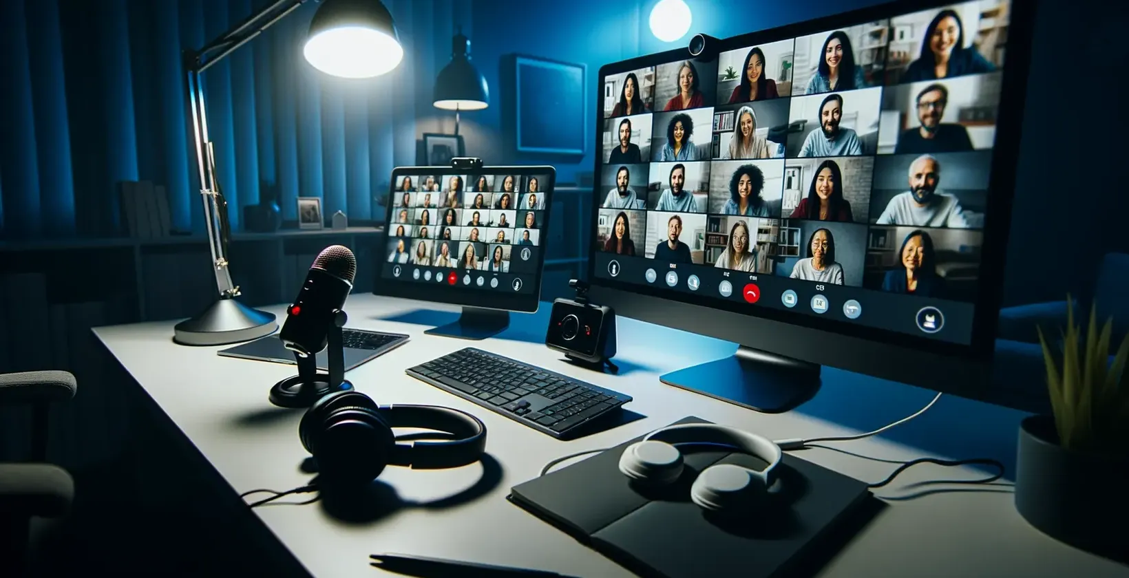 Skrivbord med två bildskärmar och mikrofon för Microsoft Teams transkribering av möten.