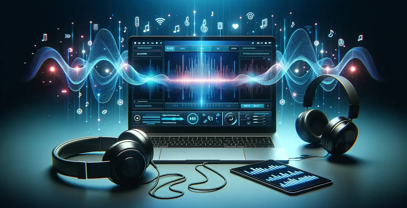 Laptop i słuchawki zapewniające dźwięk do transkrypcji cytatów wideo z muzyką i efektami dźwiękowymi.
