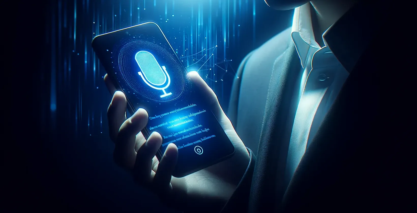 رجل يرتدي ملابس أنيقة يحمل هاتفا ذكيا يعرض مساعدا صوتيا على الشاشة ، أثناء استخدام تطبيق الإملاء.