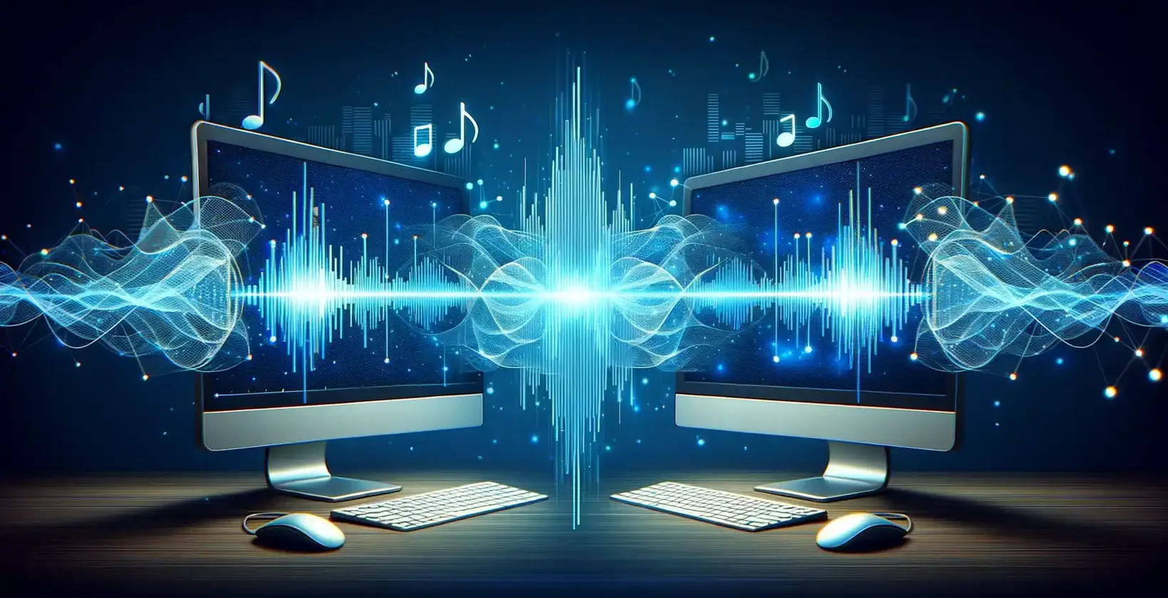 Два компьютерных экрана, на которых отображаются музыкальные ноты и звуковые волны, иллюстрируют визуализацию звука.