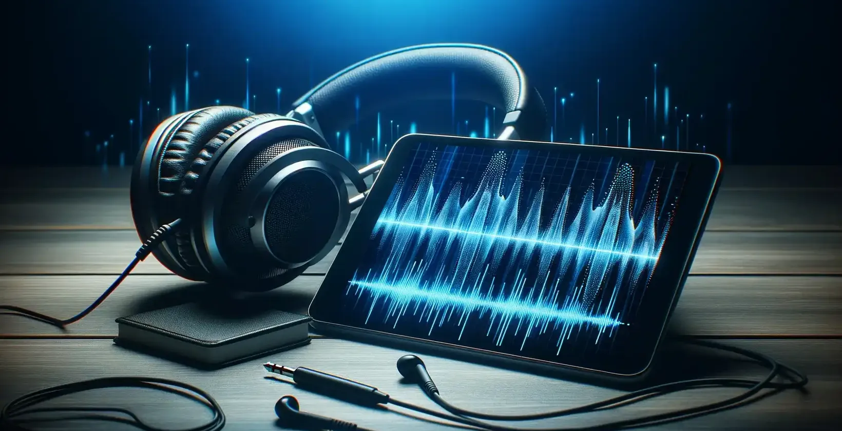 Transcrição de podcasts numa mesa de madeira com um tablet, auscultadores e ondas sonoras.
