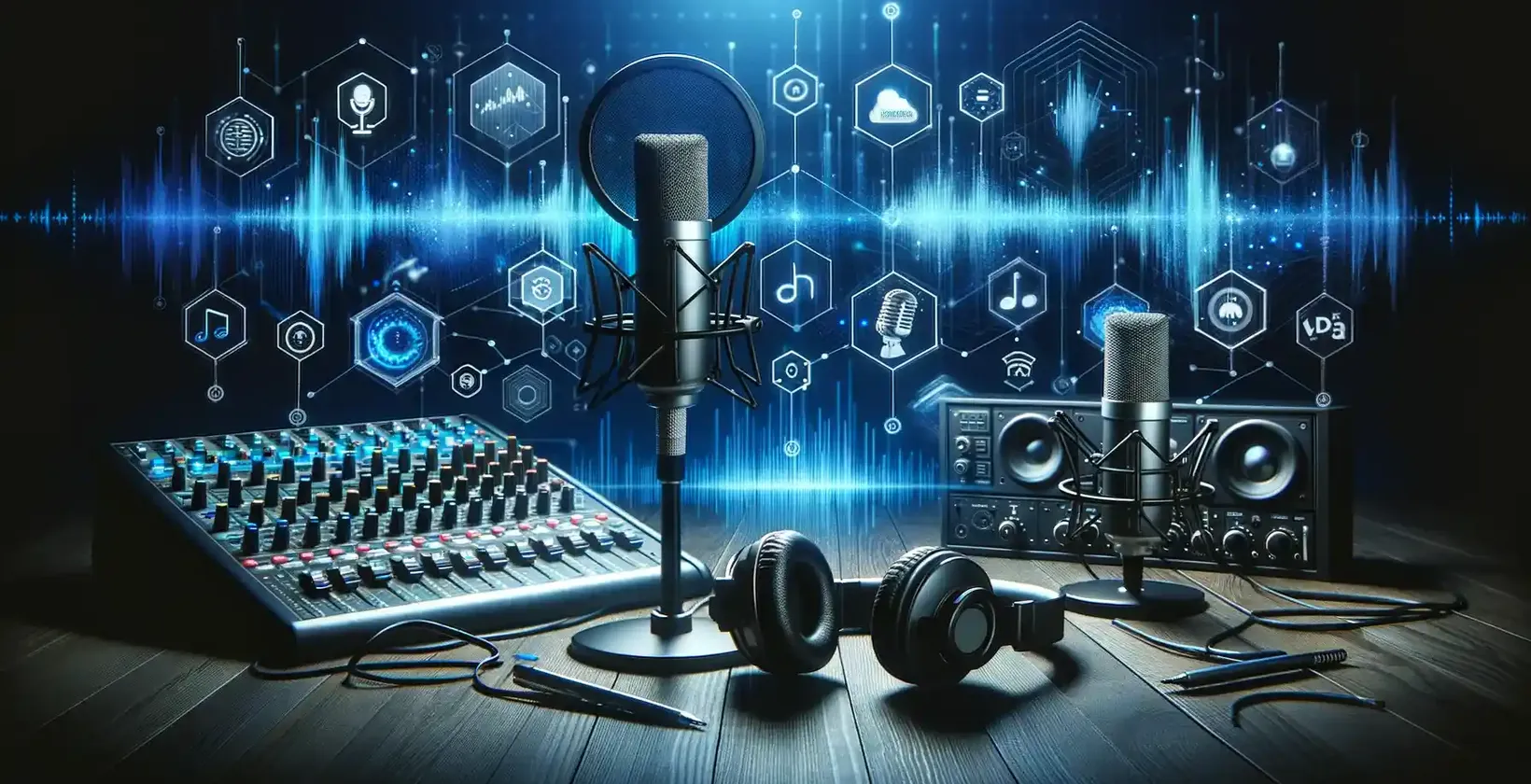 Pedoman transkripsi podcast pada tahun 2023: Peralatan podcast modern dengan antarmuka digital pada latar belakang gelap.