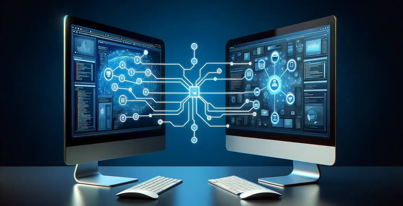Δύο οθόνες υπολογιστών που εμφανίζουν ένα ψηφιακό περιβάλλον εργασίας, προβάλλοντας προηγμένες τεχνολογικές δυνατότητες.