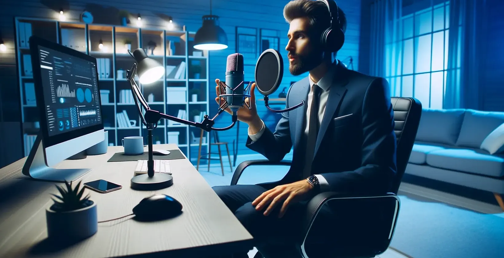 Un homme habillé de façon formelle est assis à un bureau, tenant un microphone, tout en utilisant un convertisseur de parole en texte.