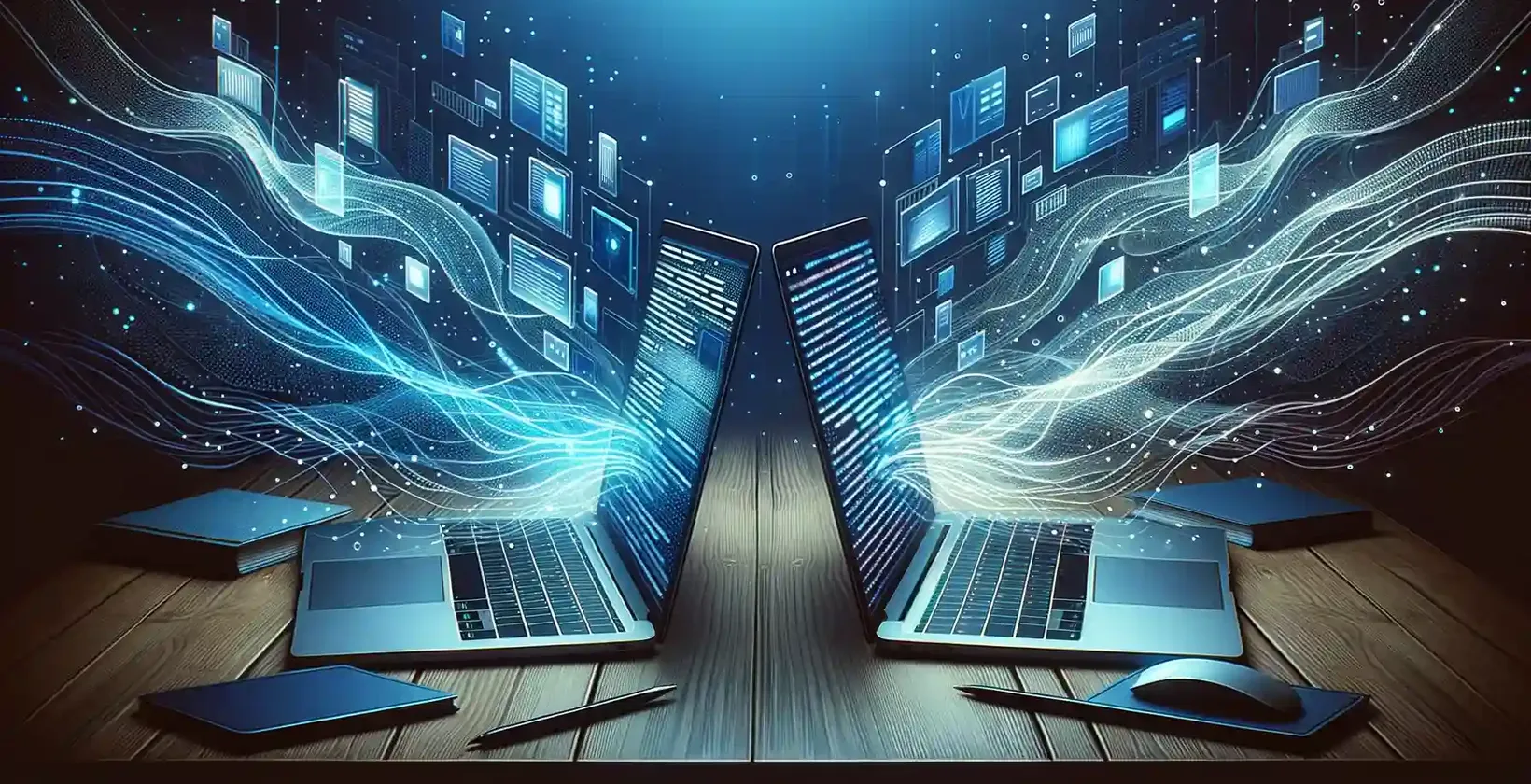Due computer portatili con sfondo digitale sono collegati tra loro