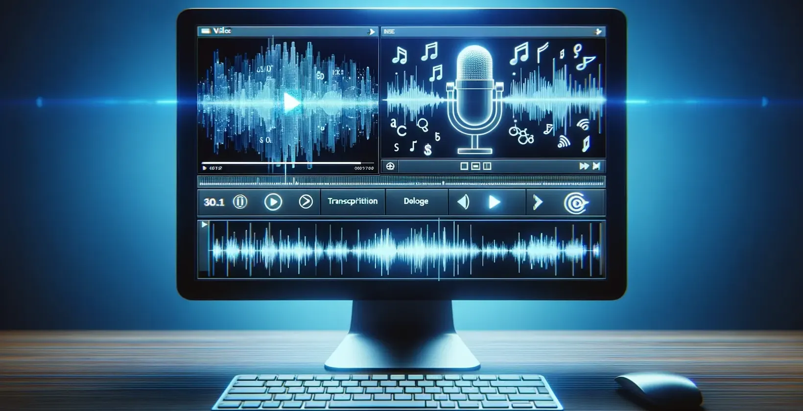 Um ecrã de computador que apresenta notas musicais e um microfone, utilizado para transcrição de vídeo para texto.