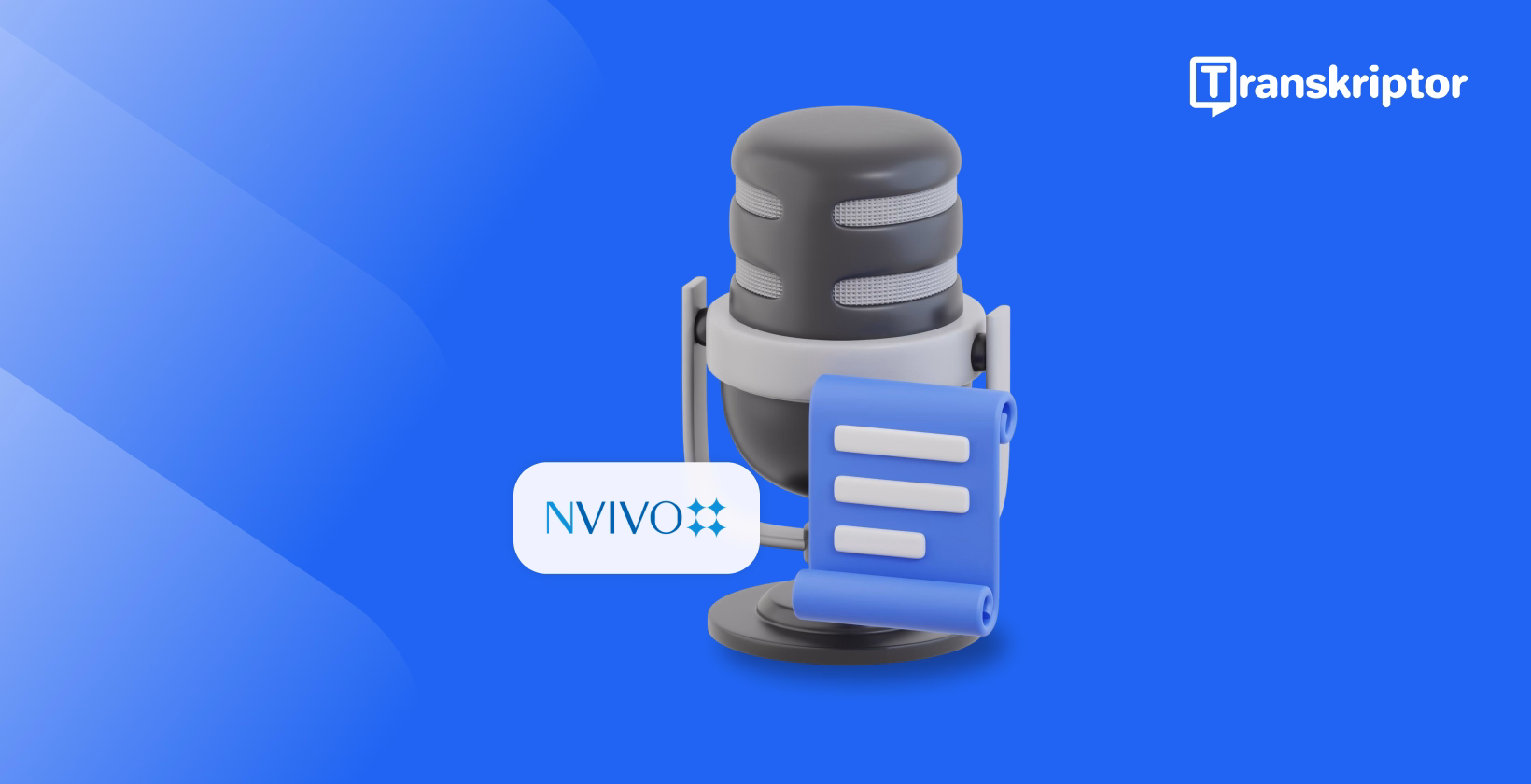 Microphone with NVivo interface showing transcribe audio functionality and integration with Transkriptor platform.