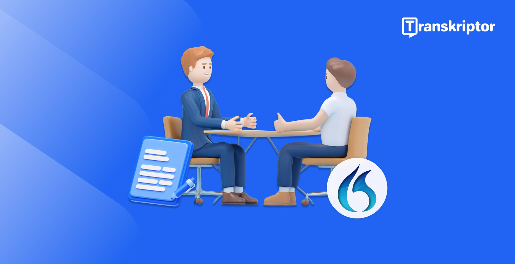 Interview setting with Dragon speech recognition interface showing speaker identification and transcription progress.