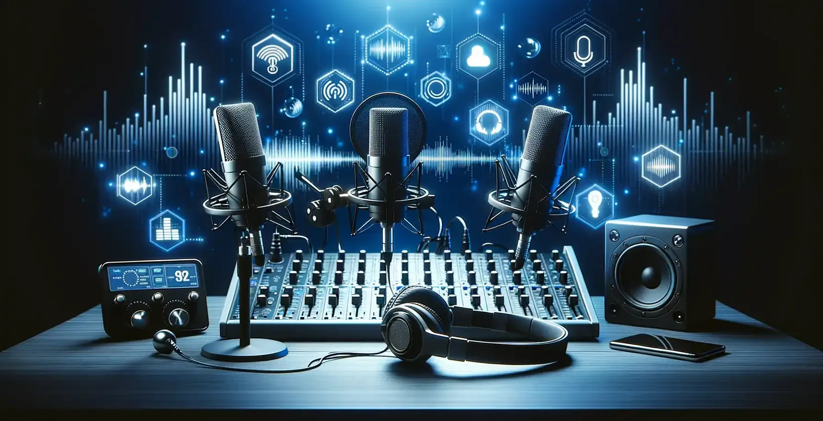 Equipamento áudio e microfone colocados numa mesa para transcrição de podcasts, uma estratégia para atrair mais clientes.