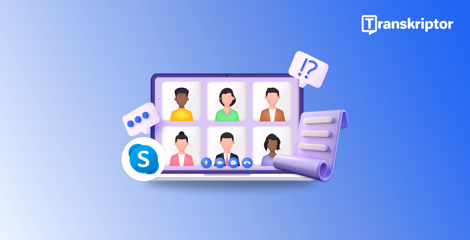 Skype会议界面,显示参与者窗口和转录面板,展示对话文本转换。