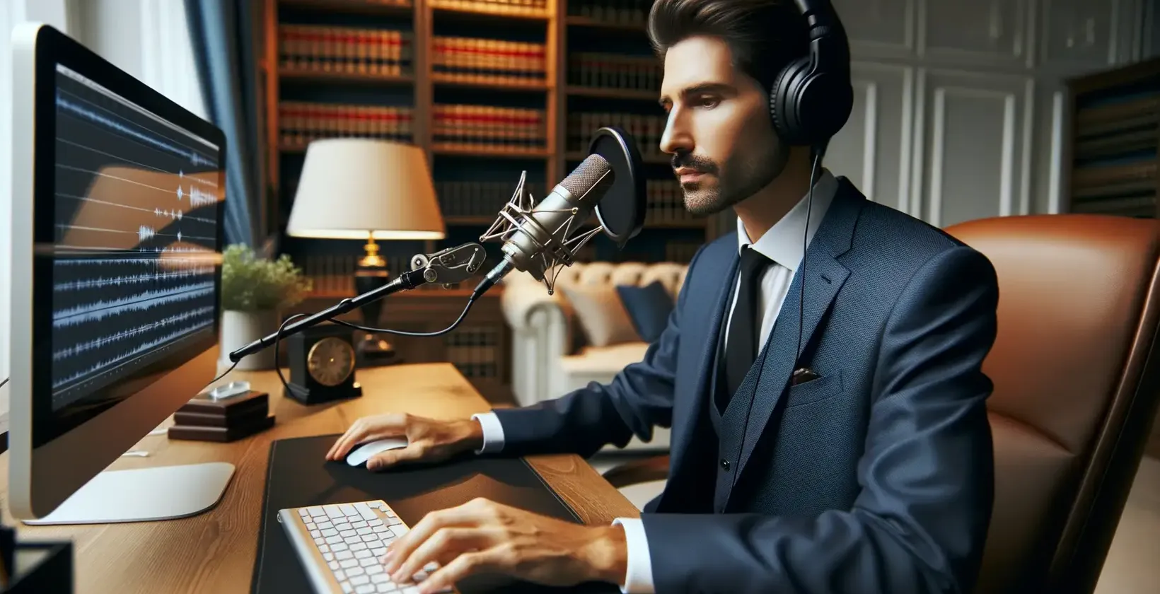 Prawnik w garniturze używający oprogramowania do transkrypcji do analizy nagrań prawnych.