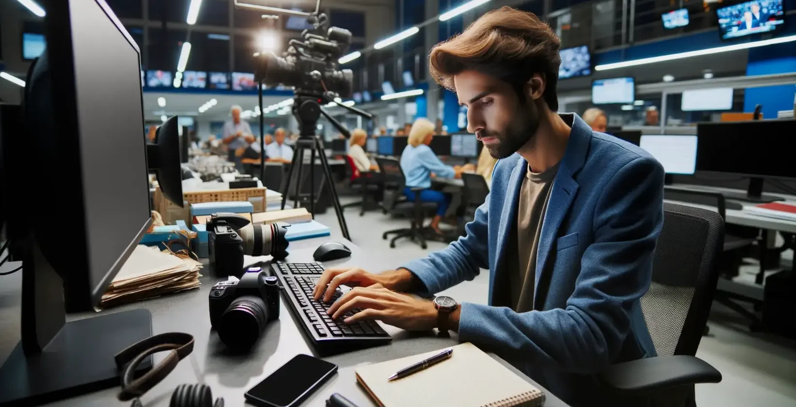 Jornalista em uma redação movimentada usando um software de transcrição em seu computador.
