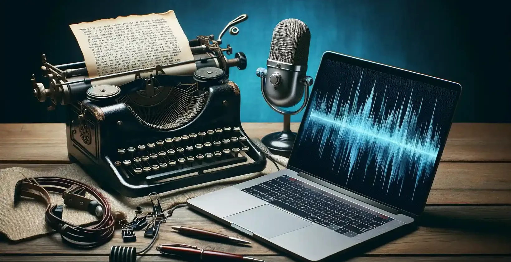 Software de transcriere pentru scriitori reprezentat de o mașină de scris de epocă, un text dactilografiat, un microfon și un laptop.