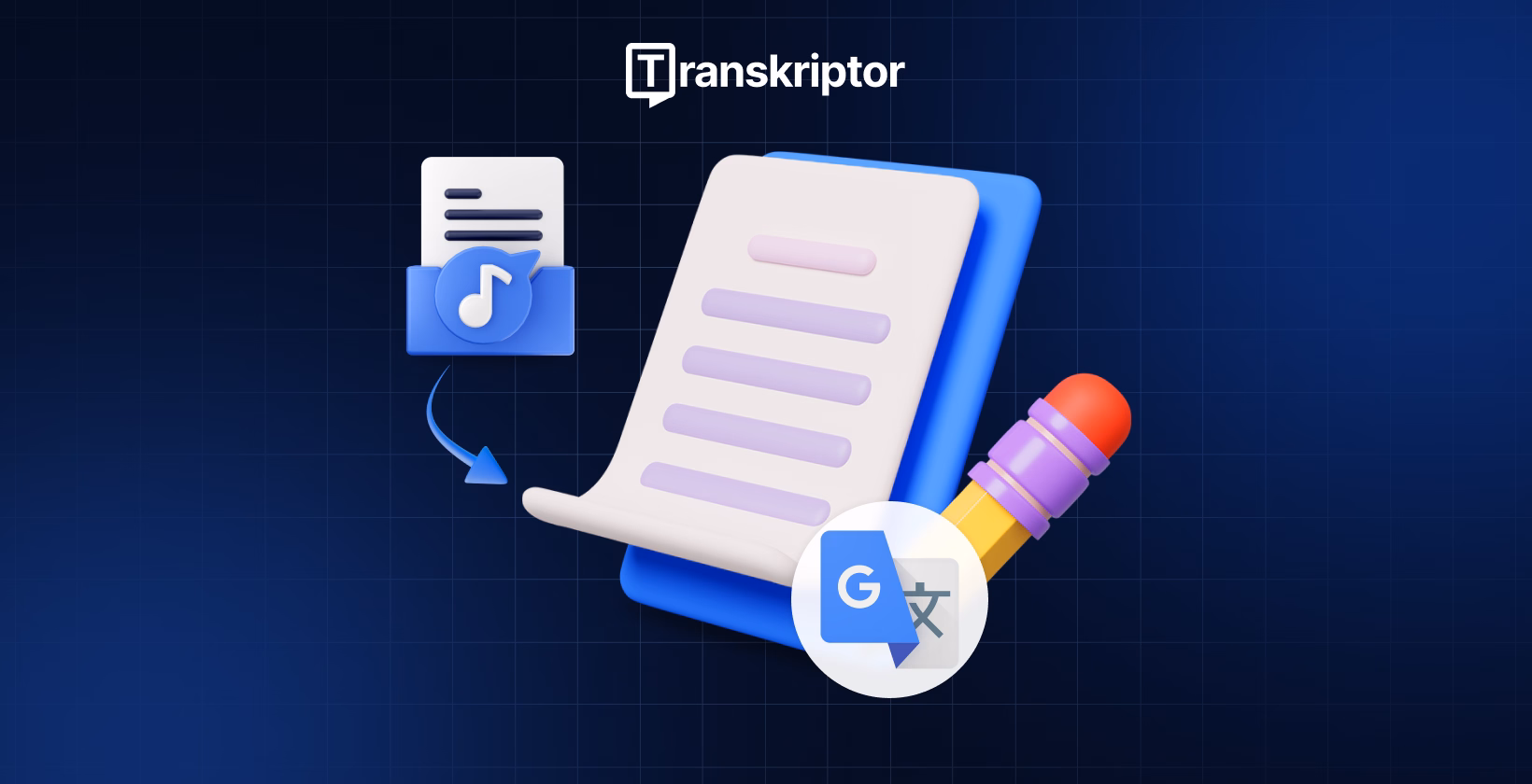 Interface do Transkriptor mostrando conversão de áudio para texto com integração do Google Tradutor.