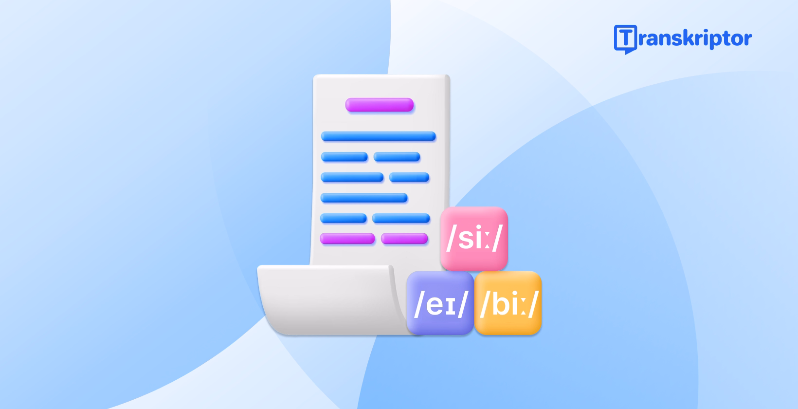 Document with phonetic pronunciation blocks showing /sɪ/, /eɪ/, and /biː/ symbols next to the Transkriptor logo.