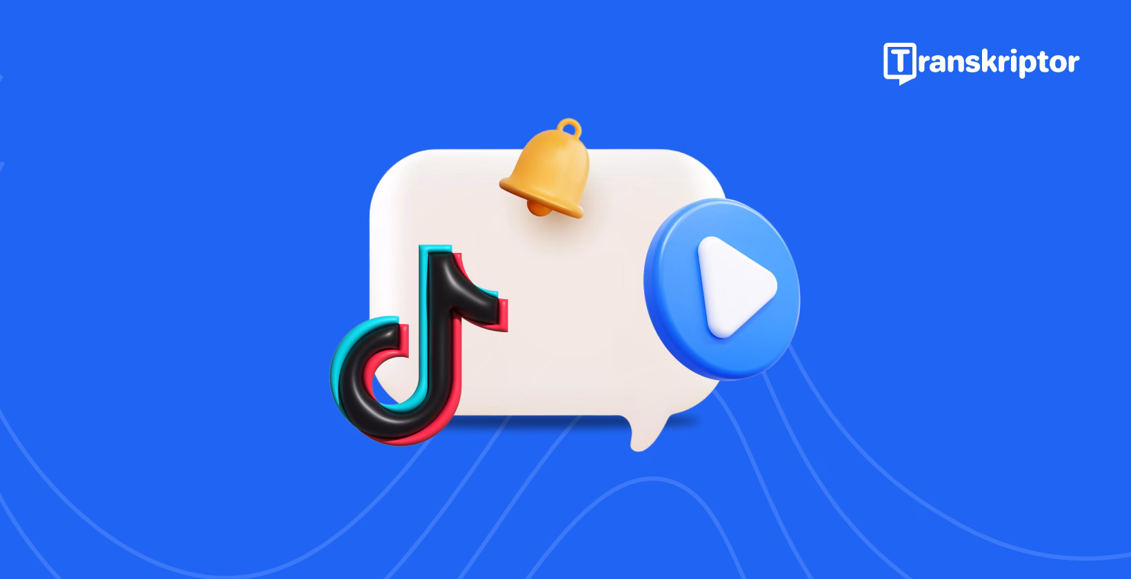 青い背景にTranskriptorロゴとTikTokアイコン、ベル、再生ボタン。