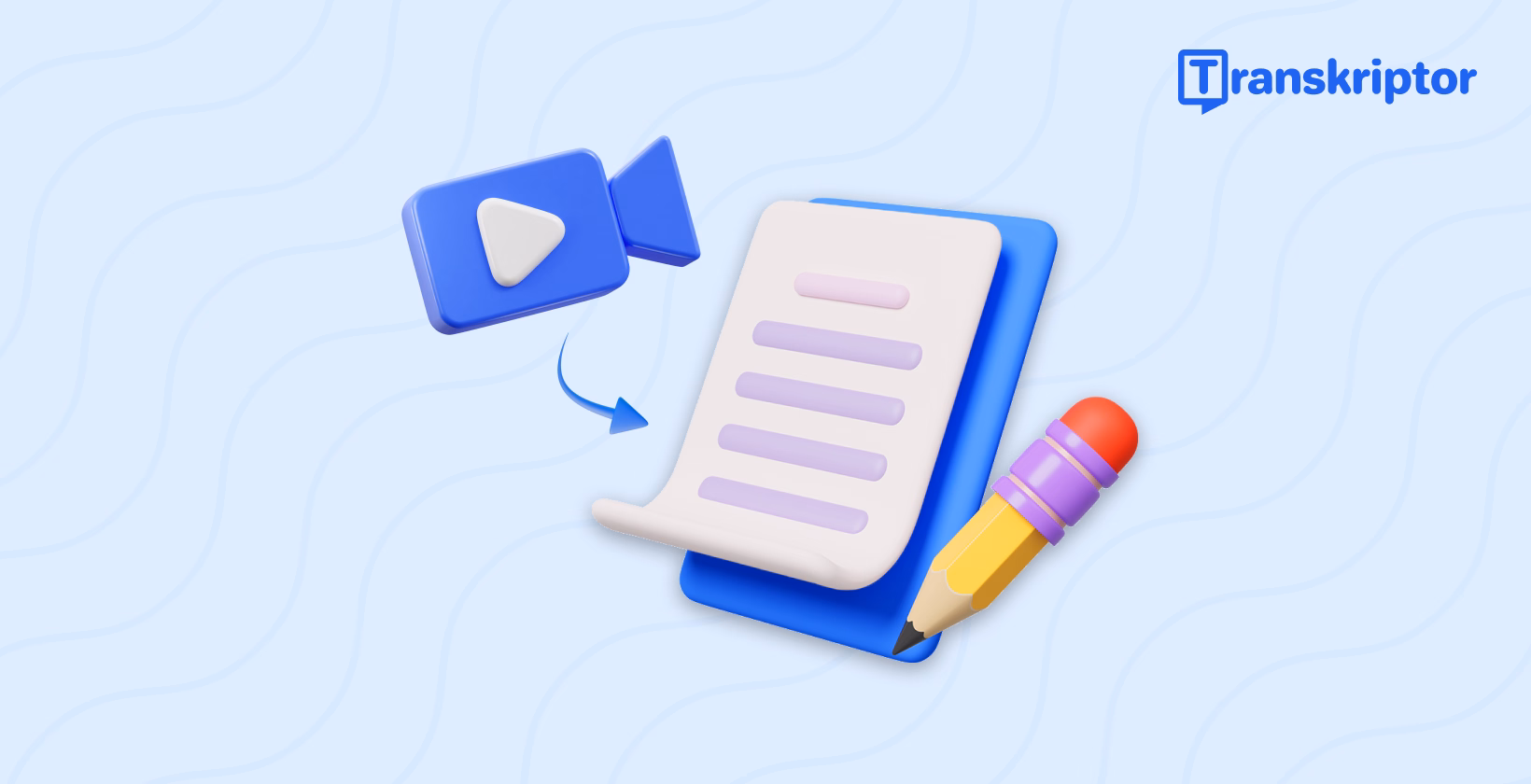 Ilustración de conversión de video a texto de Transkriptor.