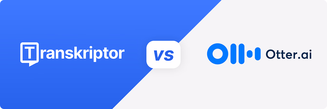 Grafik perbandingan Transkriptor vs Otter.ai pada latar belakang terpisah.