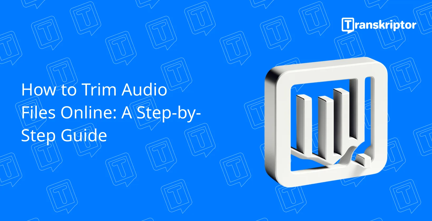 A digital guide on trimming audio files online featuring a logo with abstract book shapes.